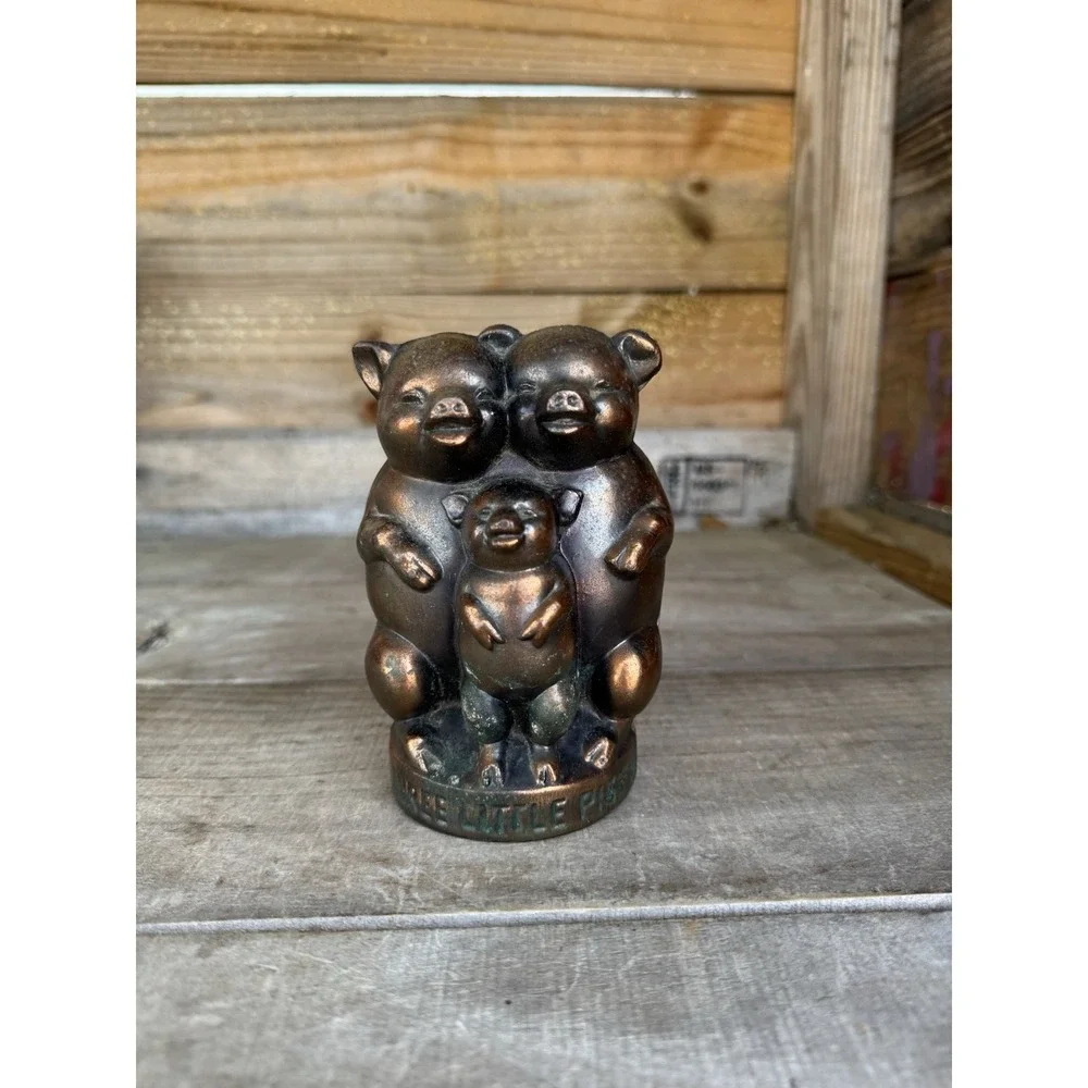 Vintage Three Little Pigs Cast Metal Piggy Bank Coin Worn Copper Tone Finish USA